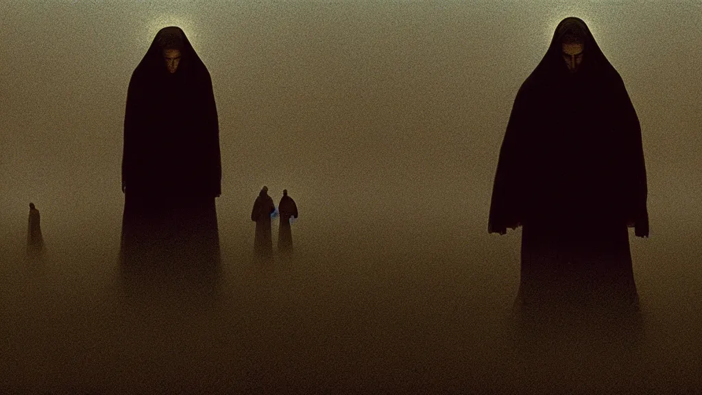 Prompt: stigmata forever, film still from the movie directed by Denis Villeneuve with art direction by Zdzisław Beksiński, wide lens