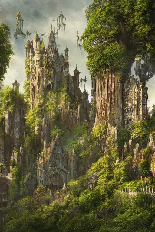 Prompt: gigantic castle, adorned pillars, towers, gnarly trees, lush vegetation, forrest, landscape, alex ross, neal Adams, david finch, concept art, matte painting, highly detailed, rule of thirds, dynamic lighting, cinematic, detailed, denoised, centerd