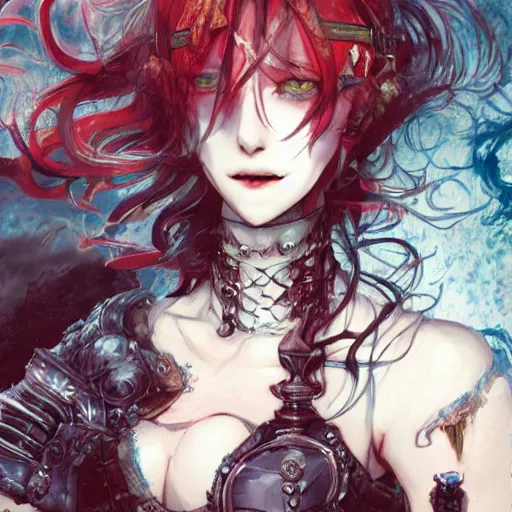 Prompt: goth woman smiling, color page, tankoban, 4 k, tone mapping, akihiko yoshida, james jean andrei riabovitchev marc simonetti, yoshitaka amano, long hair, curly, h. hydrochaeri