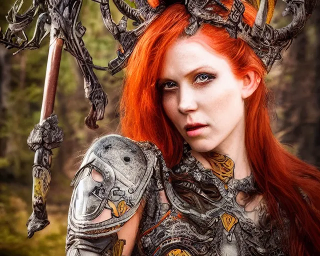 Image similar to 5 5 mm portrait photo of an armored gorgeous anesthetic redhead woman warrior with a face tattoo and horns growing from her head, in a magical forest in the style of stefan kostic, art by luis royo. highly detailed 8 k. intricate. lifelike. soft light. nikon d 8 5 0. cinematic post - processing