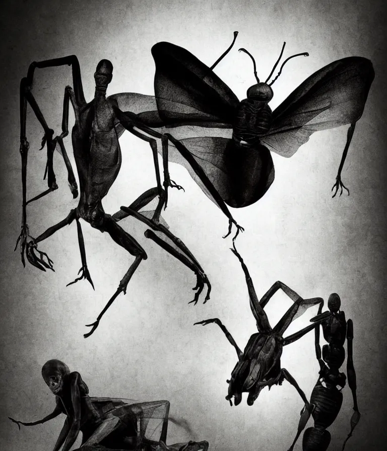 Image similar to Beautiful Minimalist!! Horror Movie Poster made for the film Kafka's the Metamorphosis (1952) Starring Peter Lorre and a giant insect and Directed by Fritz Lang, photo collage and oil painting by H R Giger and Hans Bellmer and Man Ray, trending on artstation dramatic lighting minimalist! collage 8k