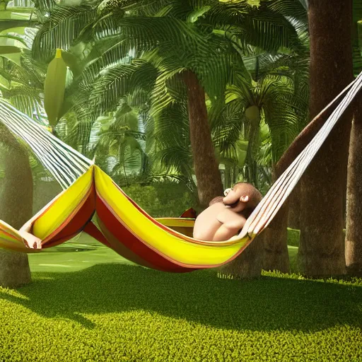 Image similar to digital art of a monkey laying in a hammock eating a banana, octane render, 8 k render, saturated, dynamic lighting