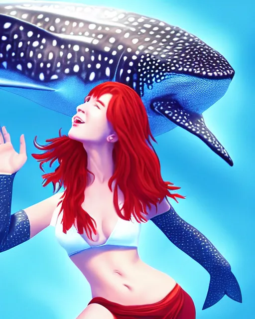 Image similar to whale shark dance with redhead girl, radiant lighting, cinematic, artstation