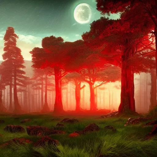 Prompt: red ancient temple between green hills with big trees, star trails, dramatic lighting, artstation, matte painting, caspar david friedrich, simon stalenhag