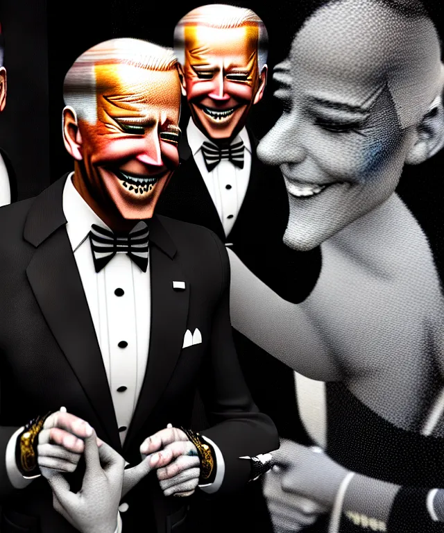 Prompt: hyperrealistic mixed media painting of Joe Biden as a swing dancer, dimly lit 1920s speakeasy, black tuxedo, stunning 3d render inspired art by P. Craig Russell and Barry Windsor-Smith + perfect facial symmetry + dim volumetric lighting, 8k octane beautifully detailed render, post-processing, extremely hyperdetailed, intricate, epic composition, grim yet sparkling atmosphere, cinematic lighting + masterpiece, trending on artstation, very very detailed, masterpiece, stunning