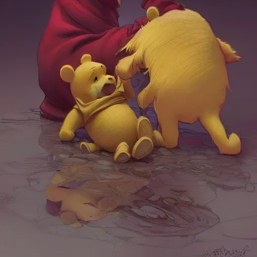 Prompt: Winnie the Pooh vomiting blood, highly detailed, digital painting, artstation, concept art, sharp focus, illustration, art by artgerm and greg rutkowski and alphonse mucha,