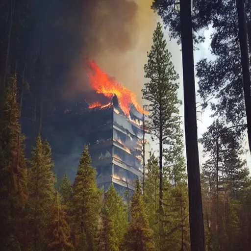 Image similar to a beatiful photo of a building engulfed in a forest fire