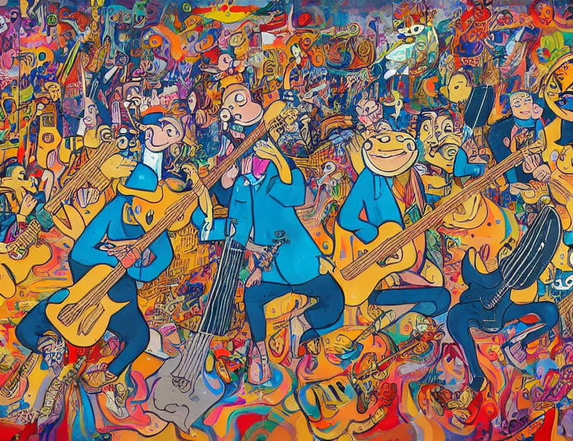 Image similar to a detailed painting of a concert by bananas with guitars while the gold fishes are stoned and smiling in the sky in the style of artist James Jean