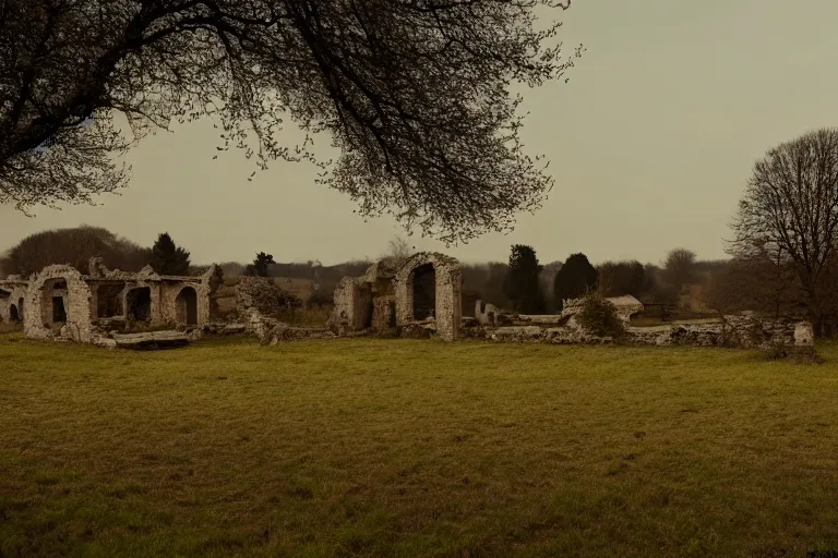 Prompt: Sprawling springtime landscape with village ruins in the french countryside, bocages, sparse bare trees, pale skies, ARRI ALEXA Mini LF, ARRI Signature Prime 40 mm T 1.8 Lens, 4K film still from the movie 1917 by Sam Mendes, Roger Deakins,