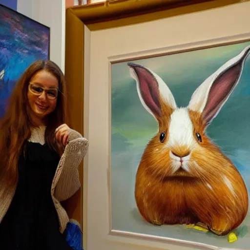 Prompt: a rabbit proudly posing next to a painting of a guinea pig