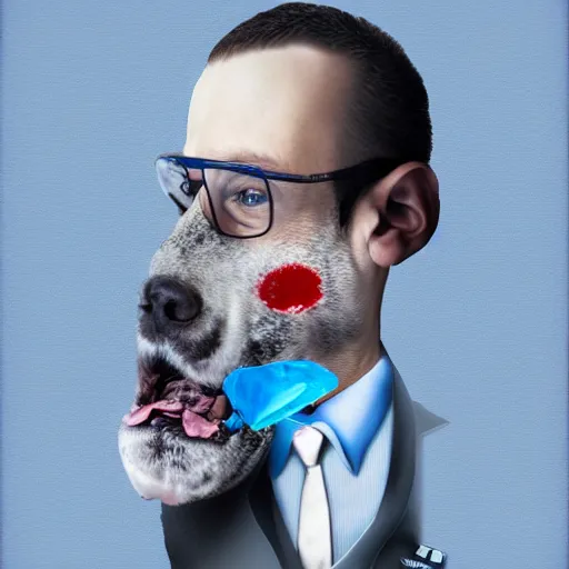 Image similar to anthro blue heeler wearing a business suit bleeding from the nose, digital art,