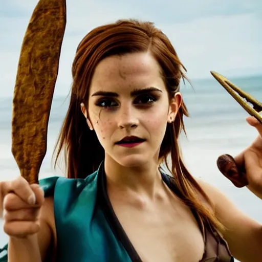 Image similar to a full body photo of emma watson as nami from one piece holding a trident in one hand, award winning photography, 50 mm, perfect faces.