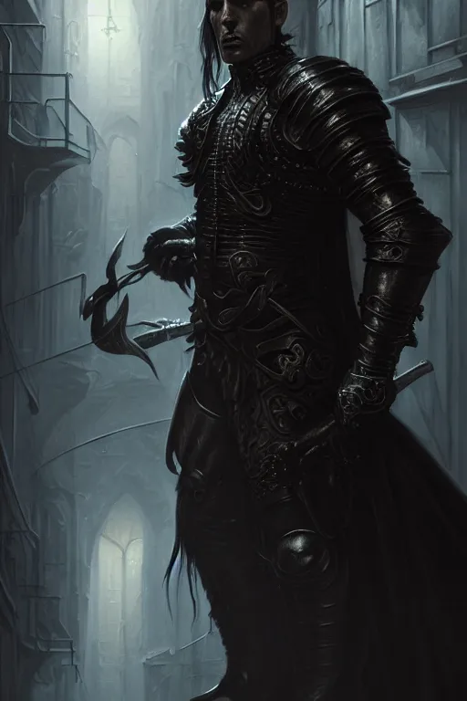 Image similar to portrait of a muscular thief wearing black leather armor in a dark alleyway, fantasy, intricate, elegant, highly detailed, digital painting, artstation, concept art, matte, sharp focus, illustration, art by aenaluck and roberto ferri and greg rutkowski, epic fantasy, moody, dark mood, digital painting