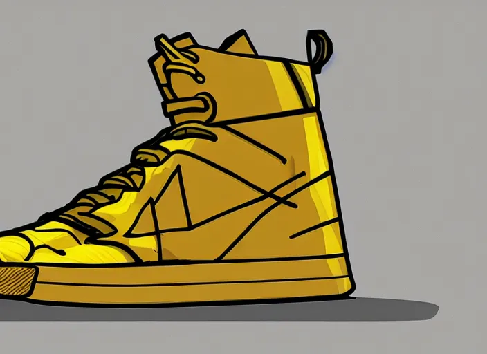 Image similar to sneaker concept, wth short golden lines, yellow details, highly detailed, digital art, sharp focus, trending on art station, anime art style