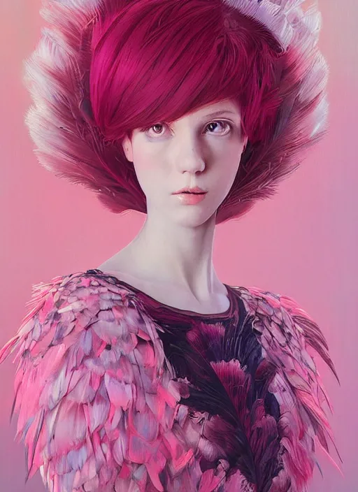Prompt: beautiful teen girl with an eccentric pink haircut wearing an dress made of feathers, artwork made by ilya kuvshinov, inspired in donato giancola, anatomically perfect
