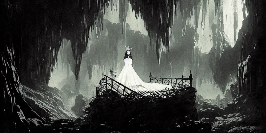 Image similar to a dead girl dressed as a bride lying in a dark cave bridal crown. radiant light, detailed and intricate environment, digital art, trending on art station kvlt by peder balke by peder balke by greg rutkowski, by guido crepax by norman bluhm by greg rutkowski mystic high contrast monochromatic noir