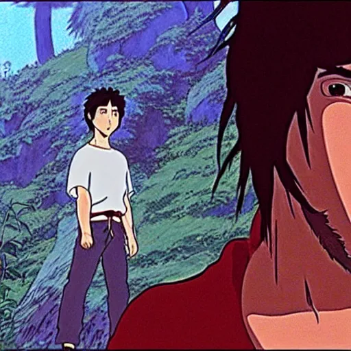 Prompt: a still of keanu reeves in princess mononoke ( 1 9 9 7 ) studio ghibli art style. hayao miyazaki imagination