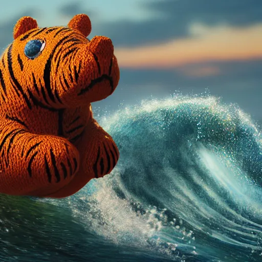 Prompt: a closeup photorealistic photograph of a smiling cute knitted tiger hippopotamus riding a large wave during sunset. surf in the background. professional capture. brightly lit scene. this 4 k hd image is trending on artstation, featured on behance, well - rendered, extra crisp, features intricate detail, epic composition and the style of unreal engine.