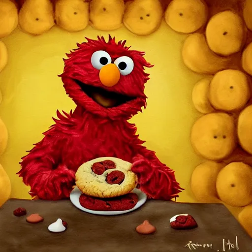 Prompt: elmo eating a cookie in hell, digital art, oil painting, 3 d,