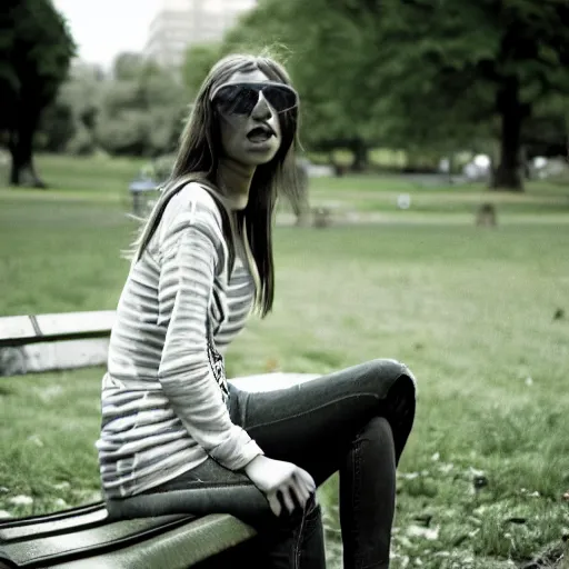 Prompt: moody portrait of a young homeless woman sitting on a bench in a park. there is a cardboard with some text on the bench. camera is right in front. she has serious expression and is staring right into camera. she is wearing sunglasses. the colours are muted, kodak ekter 1 0 0.