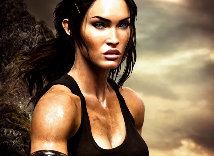 Image similar to megan fox as lara croft, full body view, magic and fantasy, highly detailed face, specular reflection, occlusion shadow, trending on artsation, bokeh, masterpiece