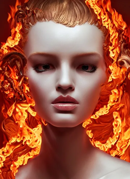 Image similar to sculpture made of flame, portrait, female, future, torch, fire, harper's bazaar, vogue, fashion magazine, intricate, concept art, close up, ornate, luxury, elite, elegant, trending on artstation, by ruan jia, by Kenneth Willardt, by ross tran, by WLOP, by Andrei Riabovitchev,