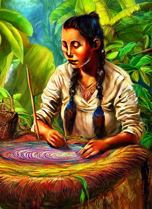Image similar to a beautiful painting of a young indigenous female crafting a fabric in the jungle realistic face ayahuasca fantasy art style matte painting highly detailed