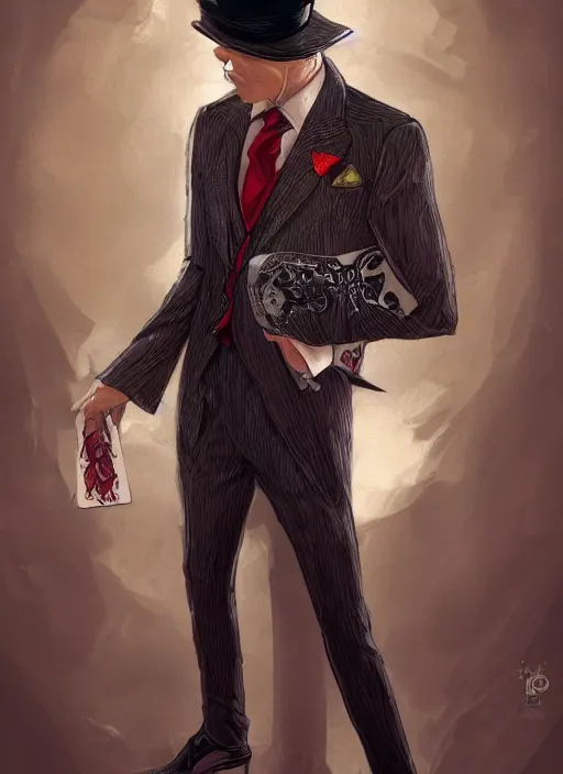 Image similar to a highly detailed illustration of stylish top hat wearing red haired attractive man, wearing suit vest, flashy card trick pose, intricate, elegant, highly detailed, centered, digital painting, artstation, concept art, smooth, sharp focus, league of legends concept art, WLOP