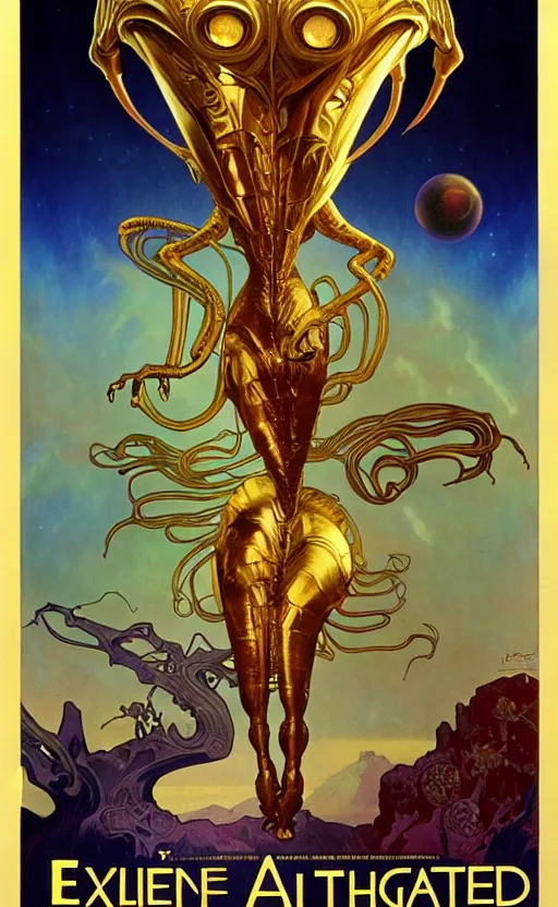 Image similar to exquisite imaginative alien creature poster art, gold, movie art, by lucusfilm, weta studio, alphonso mucha, james jean, frank frazetta, 8 k, denoised