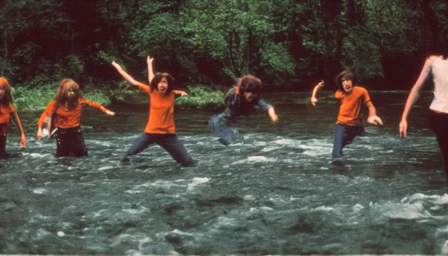 Prompt: 7 0 s film still from a horror movie about teenagers yelling near a river, kodachrome, cinecolor, cinestill, film grain, film texture, retro, cinematic, high resolution, photorealism,