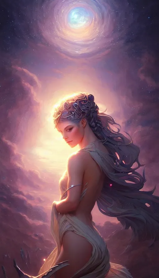 Image similar to star goddess, fine art, awesome fantasy book cover on pinterest, award winning, dark fantasy landscape, fantasy magic, intricate, elegant, sharp focus, cinematic lighting, highly detailed, digital painting, concept art, art by wlop and artgerm and greg rutkowski, masterpiece, trending on artstation, 8 k