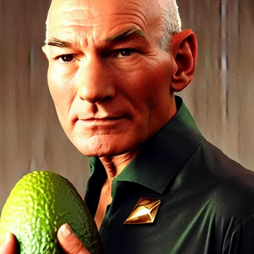 Image similar to an avocado as the captain of the enterprise in star trek the next generation, patrick stewart