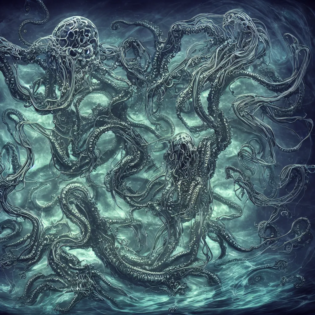 Image similar to close-up macro portrait of a Cthulhu and other fantastical sea creatures, epic angle and pose, ribcage bones symmetrical artwork, 3d with depth of field, blurred background, cybernetic jellyfish female face skull phoenix bird, translucent, nautilus, energy flows of water and fire. a highly detailed epic cinematic concept art CG render. made in Maya, Blender and Photoshop, octane render, excellent composition, cinematic dystopian brutalist atmosphere, dynamic dramatic cinematic lighting, aesthetic, very inspirational, arthouse. Greg Rutkowski, Ilya Kuvshinov, WLOP, Stanley Artgerm Lau, Ruan Jia and Fenghua Zhong