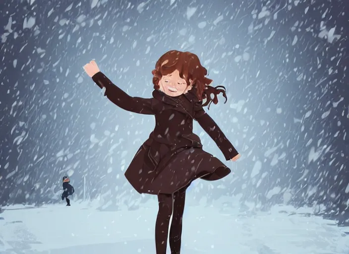 Prompt: little girl with short wavy curly light brown hair catching snowflakes in the snow. clean cel shaded vector art. shutterstock. behance hd by lois van baarle, artgerm, helen huang, by makoto shinkai and ilya kuvshinov, rossdraws, illustration, art by ilya kuvshinov