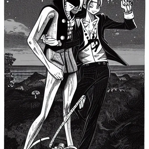 Prompt: two young men, one man human, one man vampire, night, on a birdge, in the style of one piece