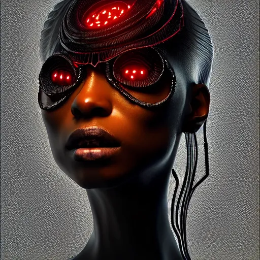 Image similar to portrait of an absurdly beautiful, graceful, sophisticated, fashionable black cyberpunk mechanoid gravure idol, hyperdetailed illustration by irakli nadar, adut akech, matt wisniewski style, intricate linework, dark black porcelain skin, jellyfish headdress, unreal engine 5 highly rendered, global illumination, red light, detailed and intricate environment