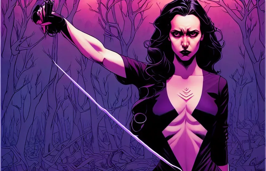 Image similar to rafael albuquerque comic cover art, artgerm, joshua middleton, pretty stella maeve witch doing black magic, serious look, purple dress, symmetrical eyes, symmetrical face, long black hair, full body, twisted evil dark forest in the background, cool colors