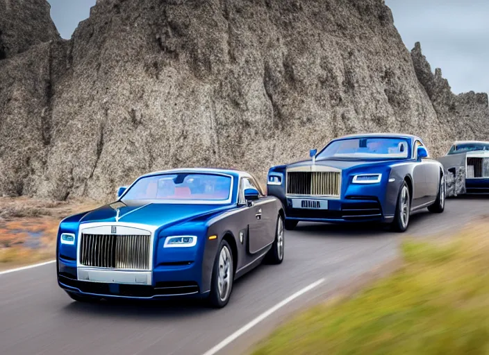 Prompt: hyper realistic ultra realistic photograph of a rolls royce fleet driving off a cliff, wide angle, highly detailed, 8k photograph