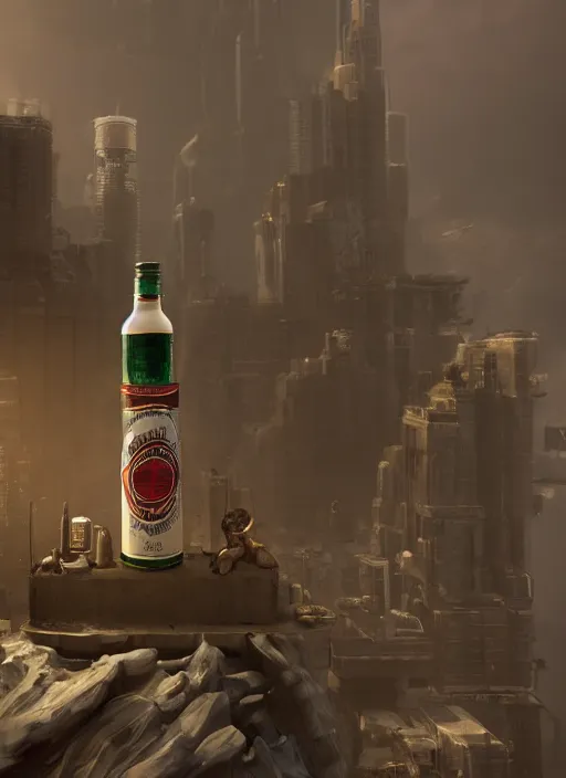 Image similar to a broad bottle with a city inside standing on a table, tubes going from a machine into the top of the bottle, 8k, unreal engine, trending on artstation,