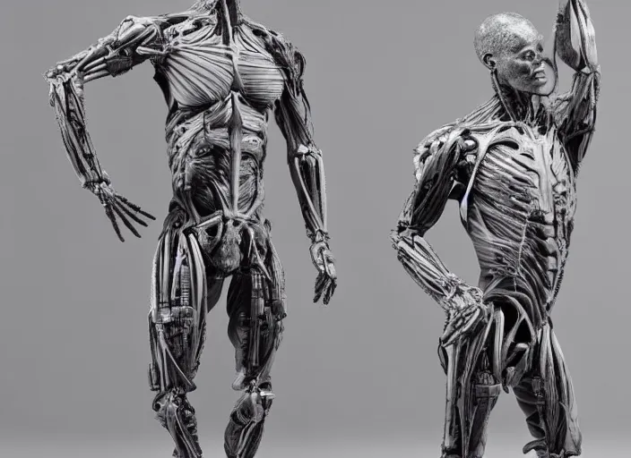 Prompt: a sculpture of full body anatomical cyborg, detailed face, studio lighting