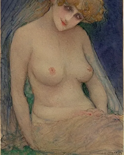 Prompt: beautiful woman by henri privat - livemont, delicate watercolor