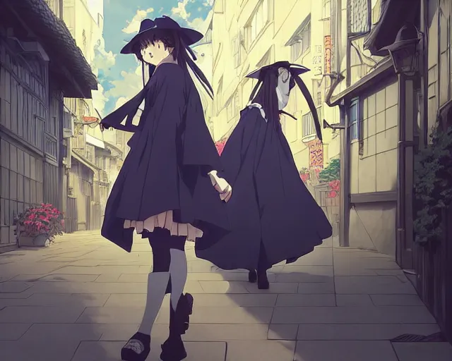 Image similar to kyoto animation, moody, key anime visual portrait of a young female witch walking through a busy medieval village, dynamic pose, dynamic perspective, cinematic, dramatic lighting, muted colors, detailed silhouette, textured, anime proportions, alphonse mucha, perfect anime face, ilya kuvshinov, yoh yoshinari, takashi murakami