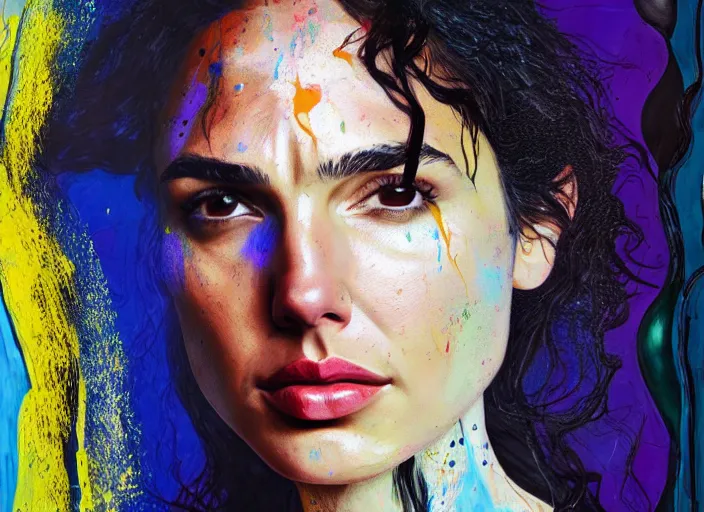 Image similar to portrait of gal gadot in fear, by vincent lefevre and hernan bas and pat steir and hilma af klint, psychological, photorealistic, dripping paint, washy brush, rendered in octane, altermodern, masterpiece