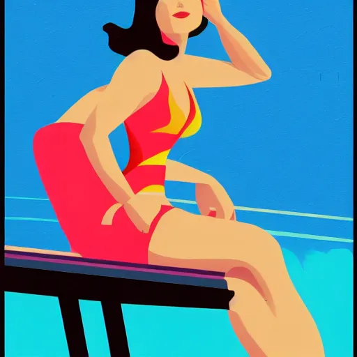 Prompt: a painting of a woman in a bathing suit sitting on a boat, an art deco painting by tom whalen, trending on behance, art deco, digital illustration, storybook illustration, art deco, flat shading, vector art, airbrush