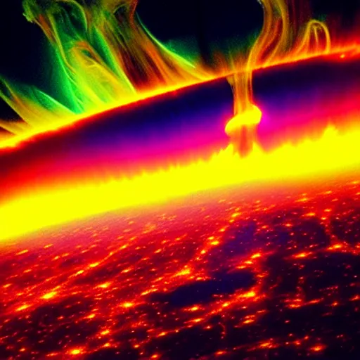 Image similar to nuclear explosion from space, neon lights, fire