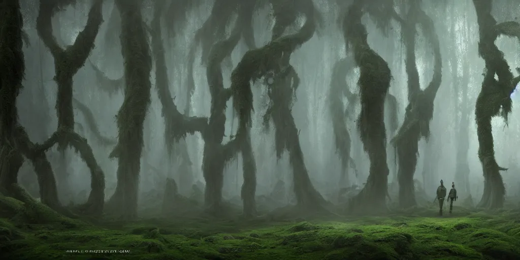 Image similar to beautiful majestic artstation cinematic matte painting of a knight in armour in a foggy forest with giant twisted mossy trees