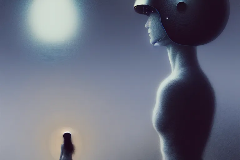 Image similar to woman wearing a futuristic helmet standing in a virtual world, in the style of beksinski, solarpunk, atmospheric, clean, intricate and epic composition, gray by caravaggio, insanely quality, highly detailed, masterpiece, white light, artstation, 4 k