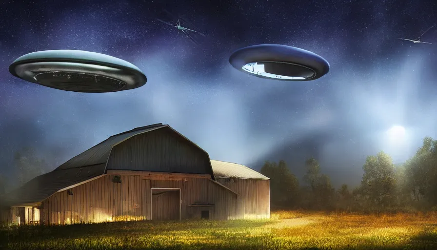 Image similar to a ufo floats over a barn with a broken roof, debris is ascending toward the ufo, volumetric lighting, night, photorealistic rendering, color palette, 8 k, hyperdetailed