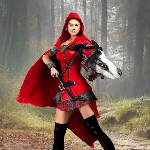 Image similar to full body photo red riding hood kate upton armoured warrior, highly detailed, 4k, HDR, award-winning photo