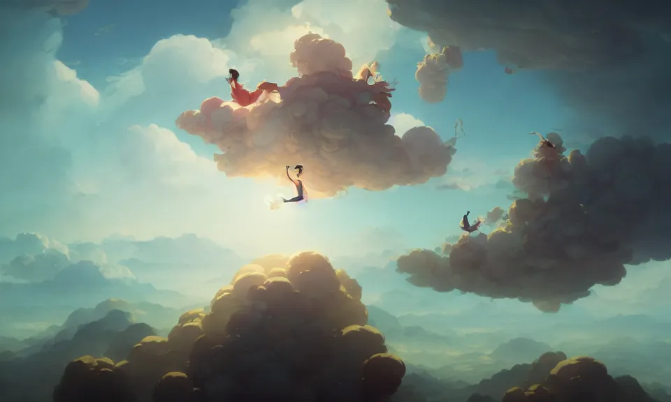 Prompt: happiness and friendship, floating high in the clouds, by peter mohrbacher, victo ngai, greg rutkowski, artgerm, volumetric lighting, intricate, environmental lighting, 4 k